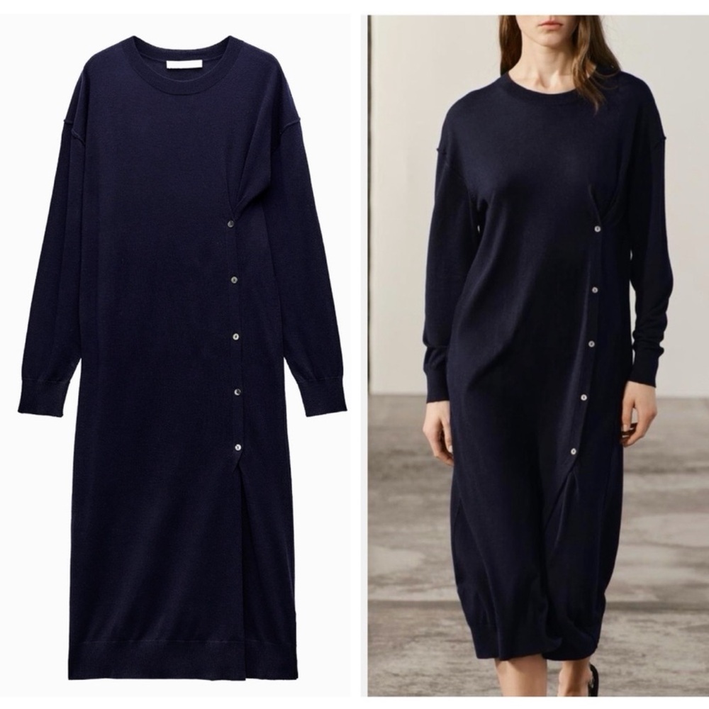 Zara Navy Button-Accent Long Sleeve Knit Dress
